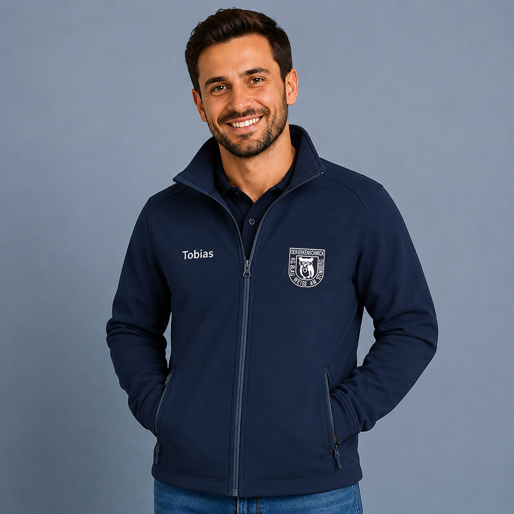 Herren Softshelljacke navy mit Namens- und Logodruck