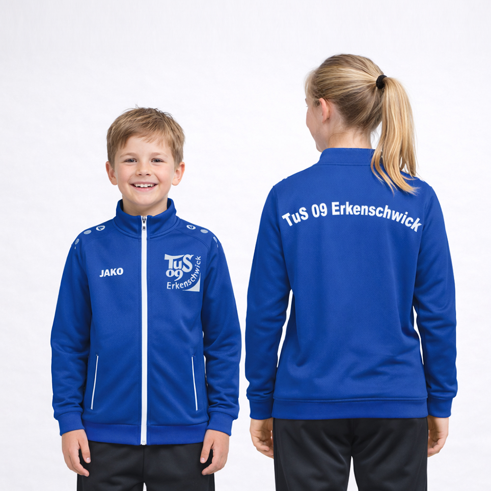 Kinder Trainingsjacke royal blau mit Vereinslogo auf der Vorderseite und Druck auf dem Rücken