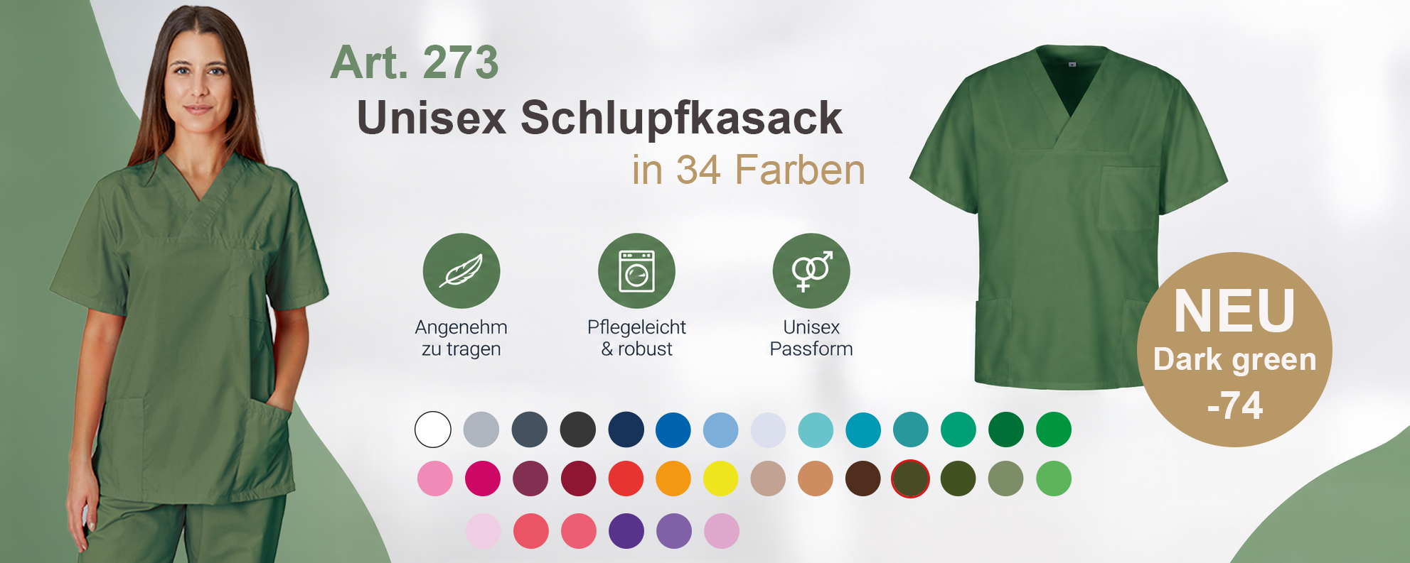 Kasack in der neuen Farbe Dark Green – moderner Unisex-Kasack, erhältlich in Größen bis 8XL.