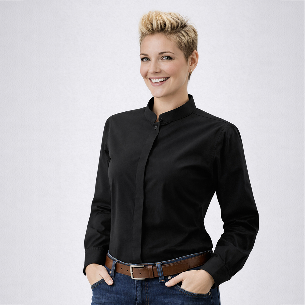 Damen-Barbluse mit langarm,verdeckte Knopfleiste mit Stehkragen,leicht Tailliert.