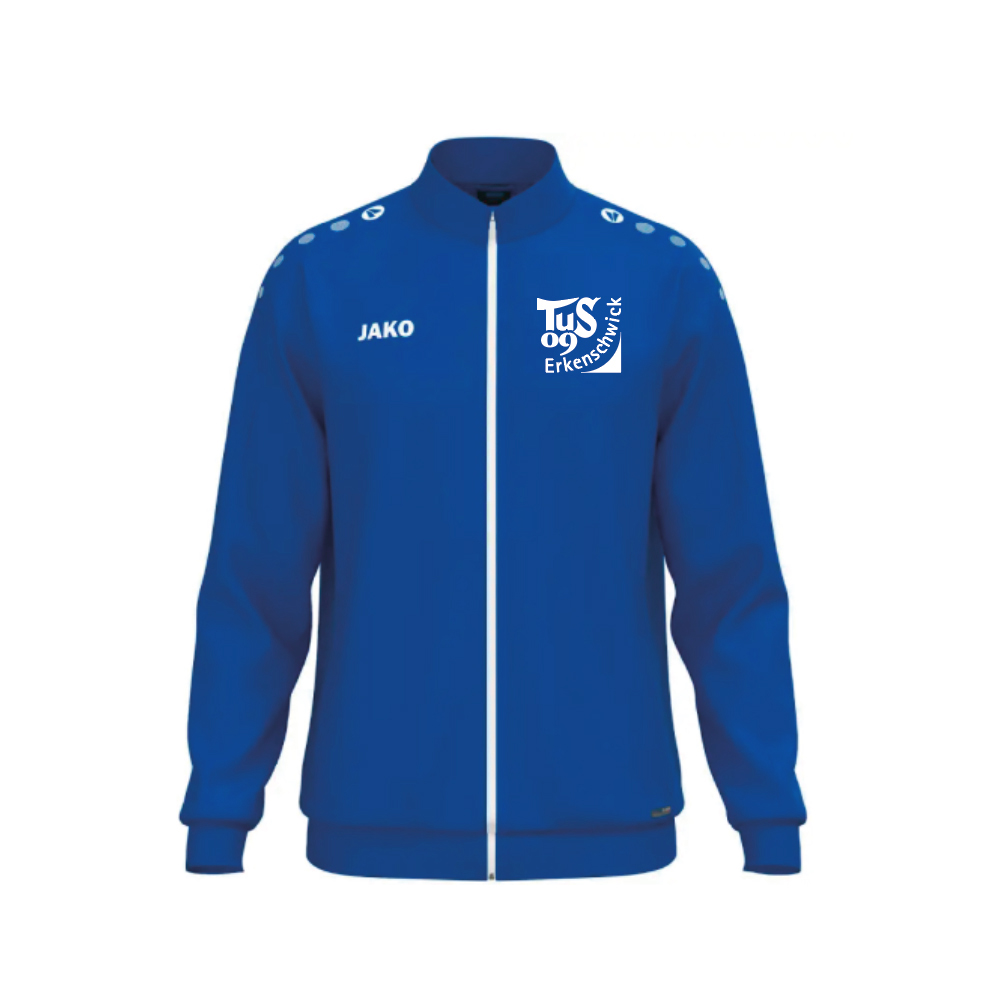 Kinder Trainingsjacke royal blau mit Vereinslogo auf der Vorderseite und Druck auf dem Rücken
