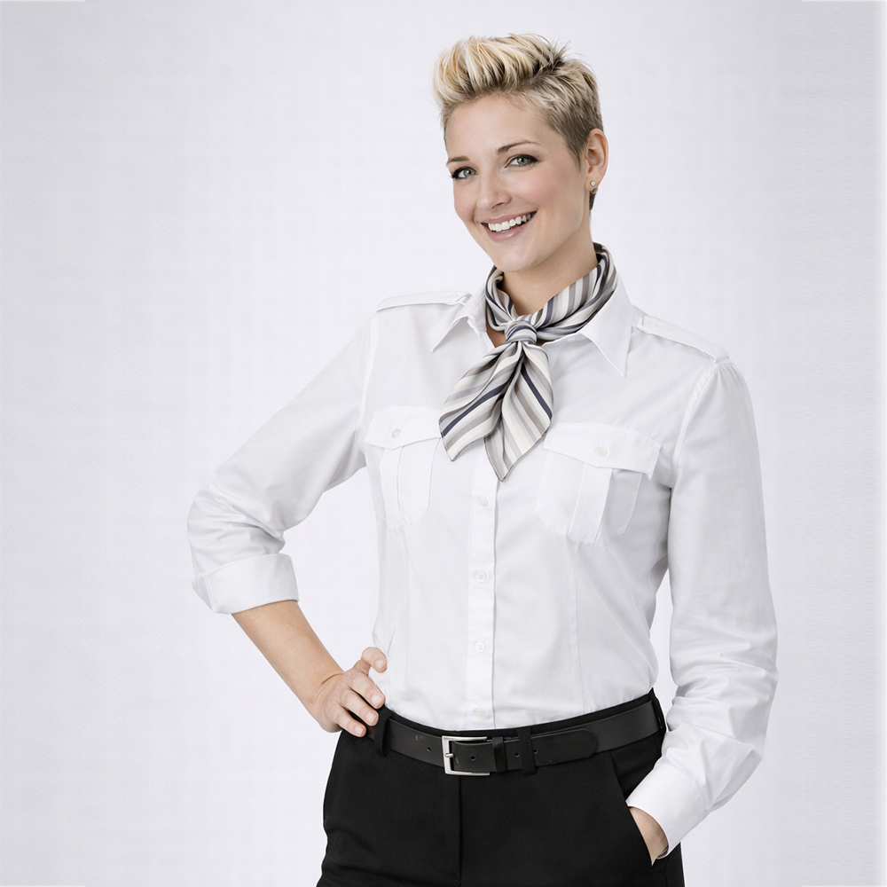 Damen-Pilotenbluse lamgarm,Kentkragen 2 Schulterklappen ,2 aufgesetzte Brusttaschen,Tailliert.