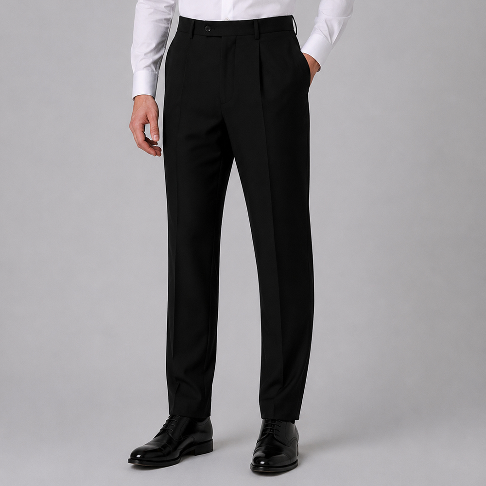 Herrenhose-1 Bundfalte.2 Seiten- und 1 Gesäßtasche.Vorderhosenfutter.Gürtelschlaufen.