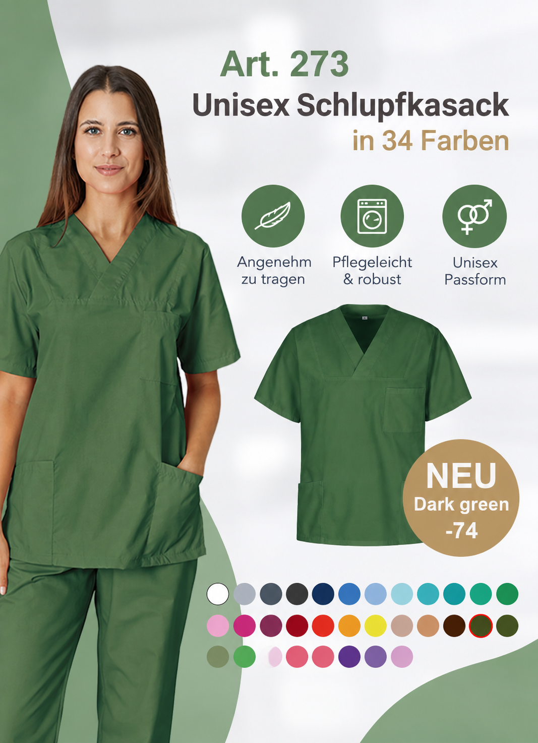 Kasack in der neuen Farbe Dark Green – moderner Unisex-Kasack, erhältlich in Größen bis 8XL