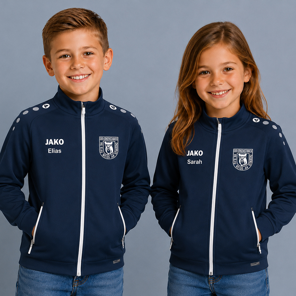 Kinder Trainingsjacke navy mit Druck Vereinslogo und Namen auf der Vorderseite