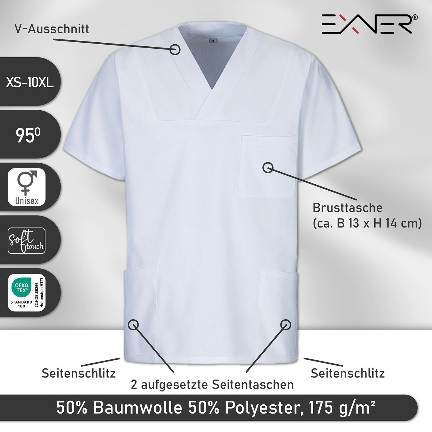Details: 50% Baumwolle 50% Polyester, Seitenschlitze, 95 Grad waschbar, Oeko Tex, Soft Touch, Unisex